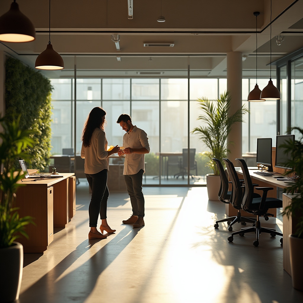 Contemporary commercial office space interior with clean lines, natural light and collaborative work zones