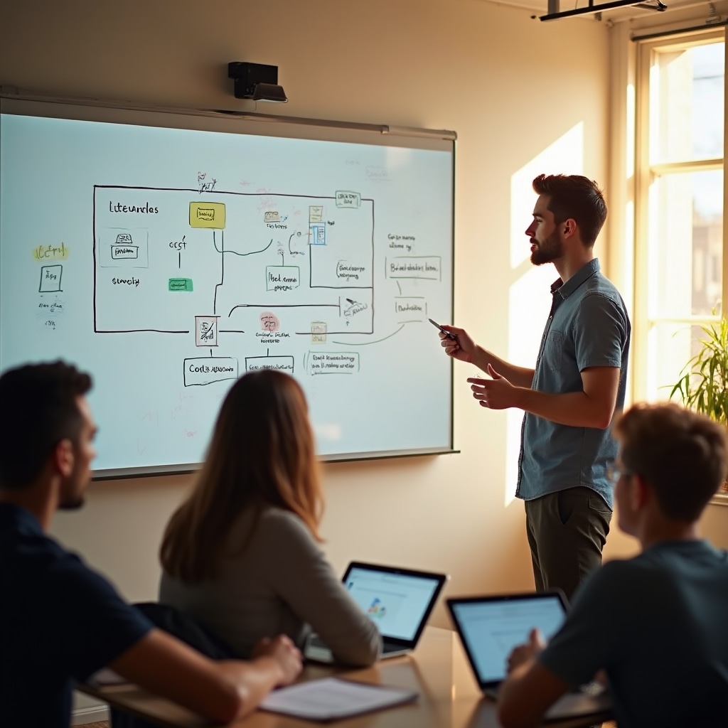 Educator in a modern coworking space explaining financial concepts using diagrams on a whiteboard to an engaged small group