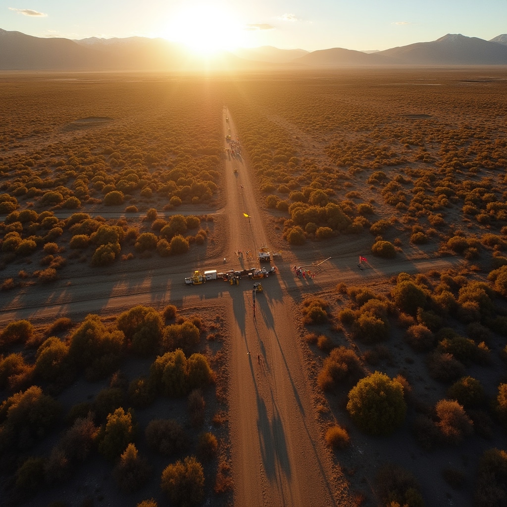 Aerial view of a land subdivision development with marked plots, access roads and natural surroundings in golden hour light