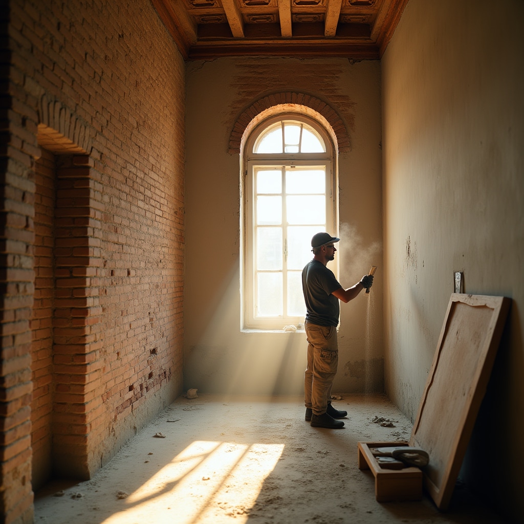 Interior of a property under renovation showing exposed structural elements, fresh materials and skilled workers