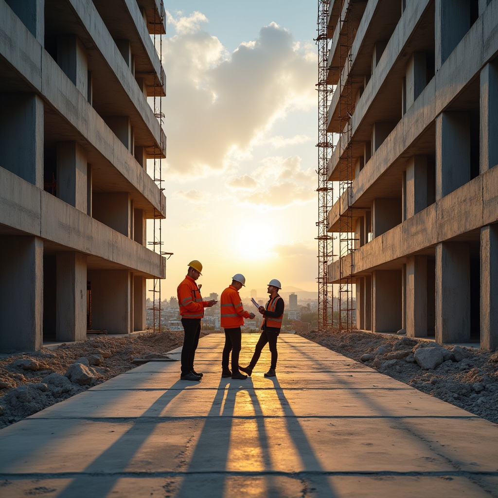 Modern residential apartment building under construction with workers on scaffolding in warm afternoon light