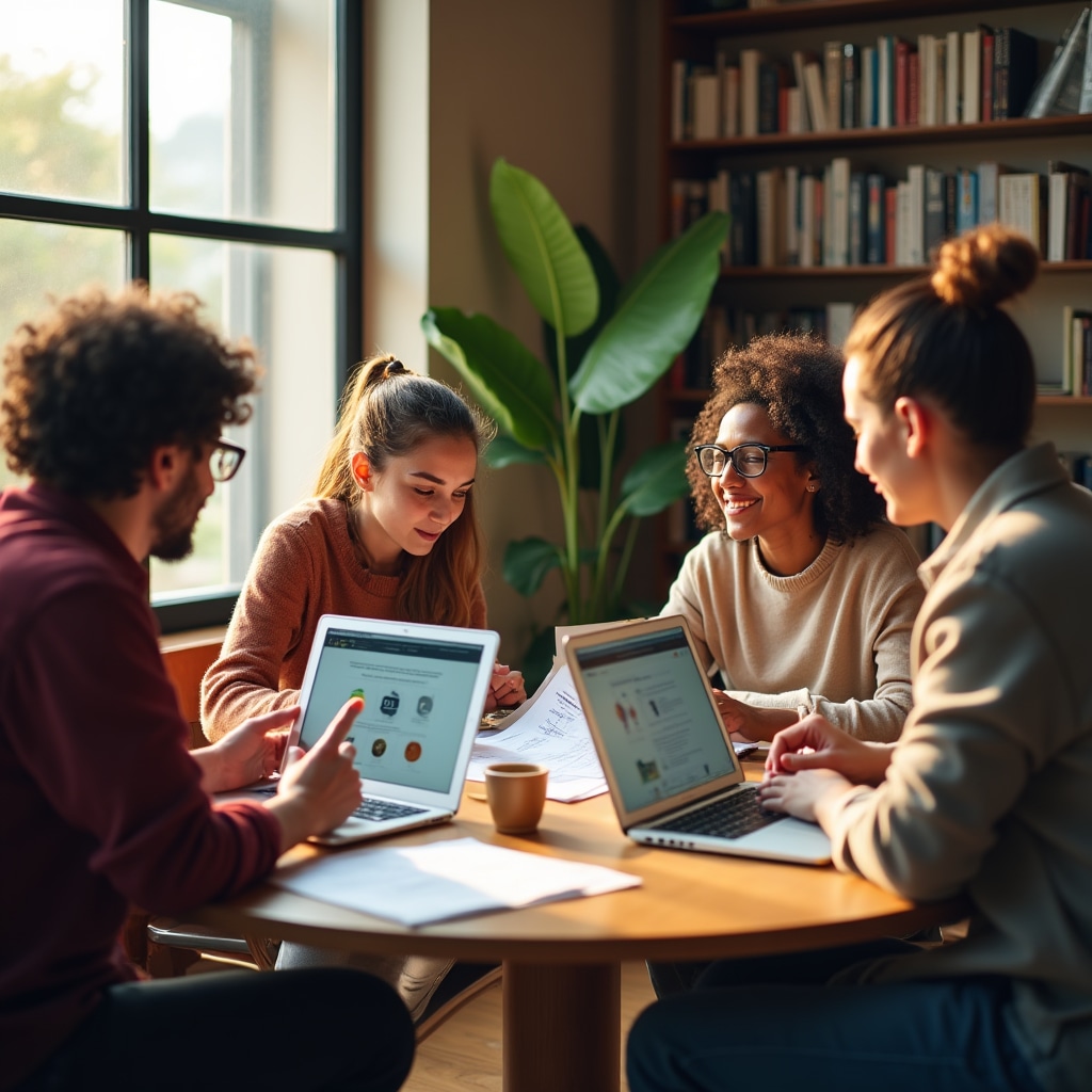 Small team of educators collaborating around a table with documents and a laptop in a bright coworking space