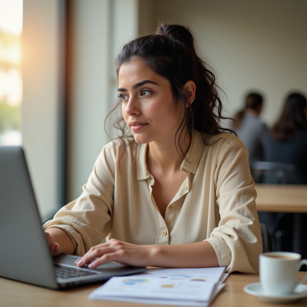 Young woman aged 25 studying financial concepts on a laptop at a bright modern coworking desk, casual professional attire, focused and engaged expression